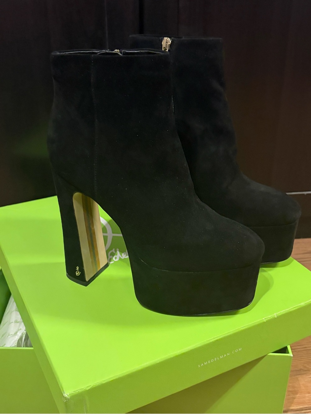 Sam Edelman Black Suede High Platform Ankle Boots with Gold Heel Accent